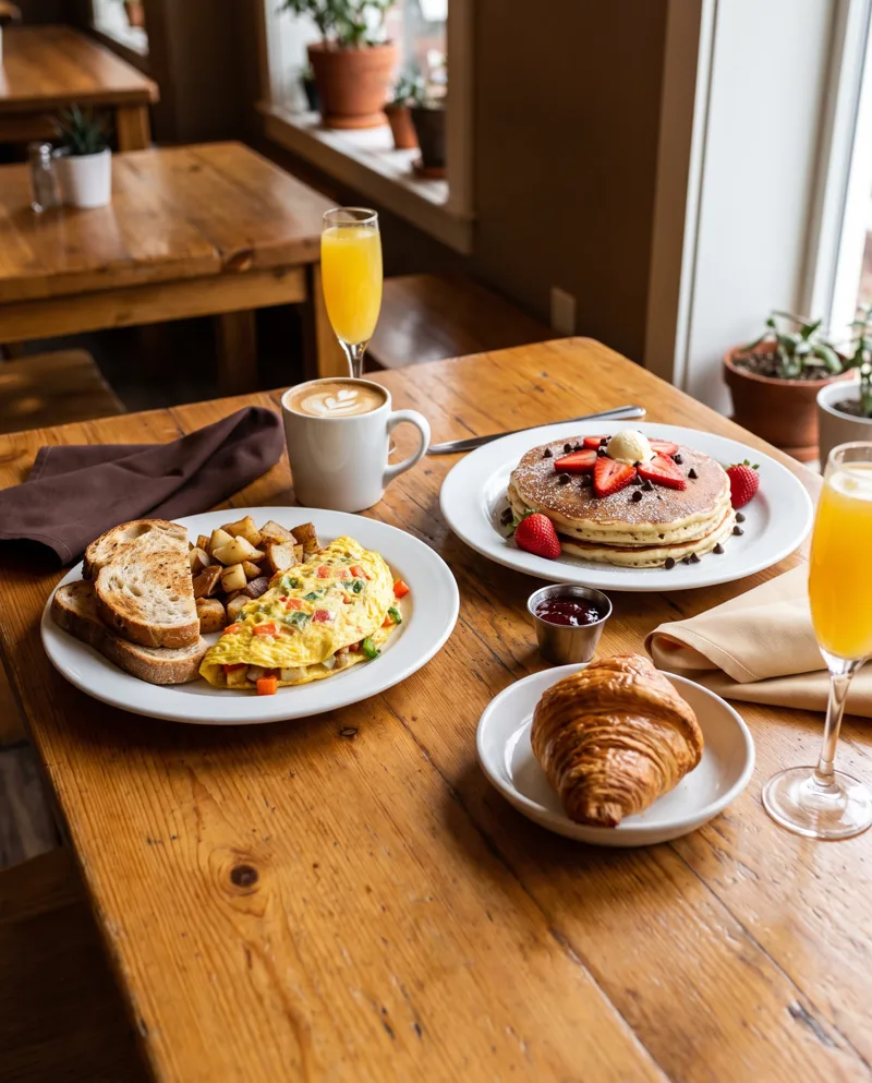 Brunch spread with omelette, strawberry pancakes, croissant and mimosas in downtown San Diego Brunch spread with omelette, strawberry pancakes, croissant and mimosas in downtown San Diego