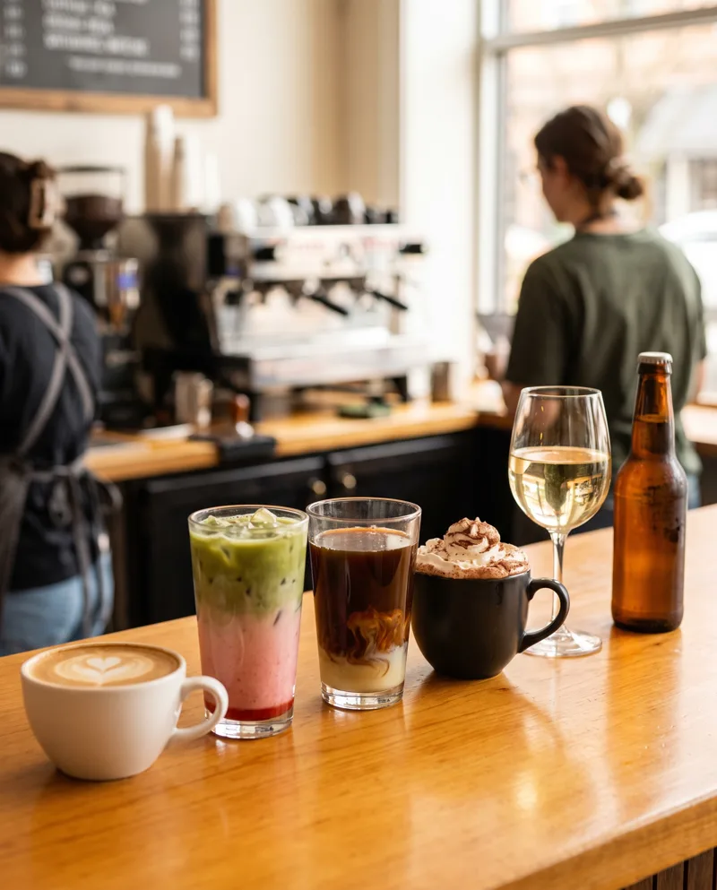Latte, strawberry matcha, Vietnamese coffee and wine on a Gaslamp cafe bar Latte, strawberry matcha, Vietnamese coffee and wine on a Gaslamp cafe bar