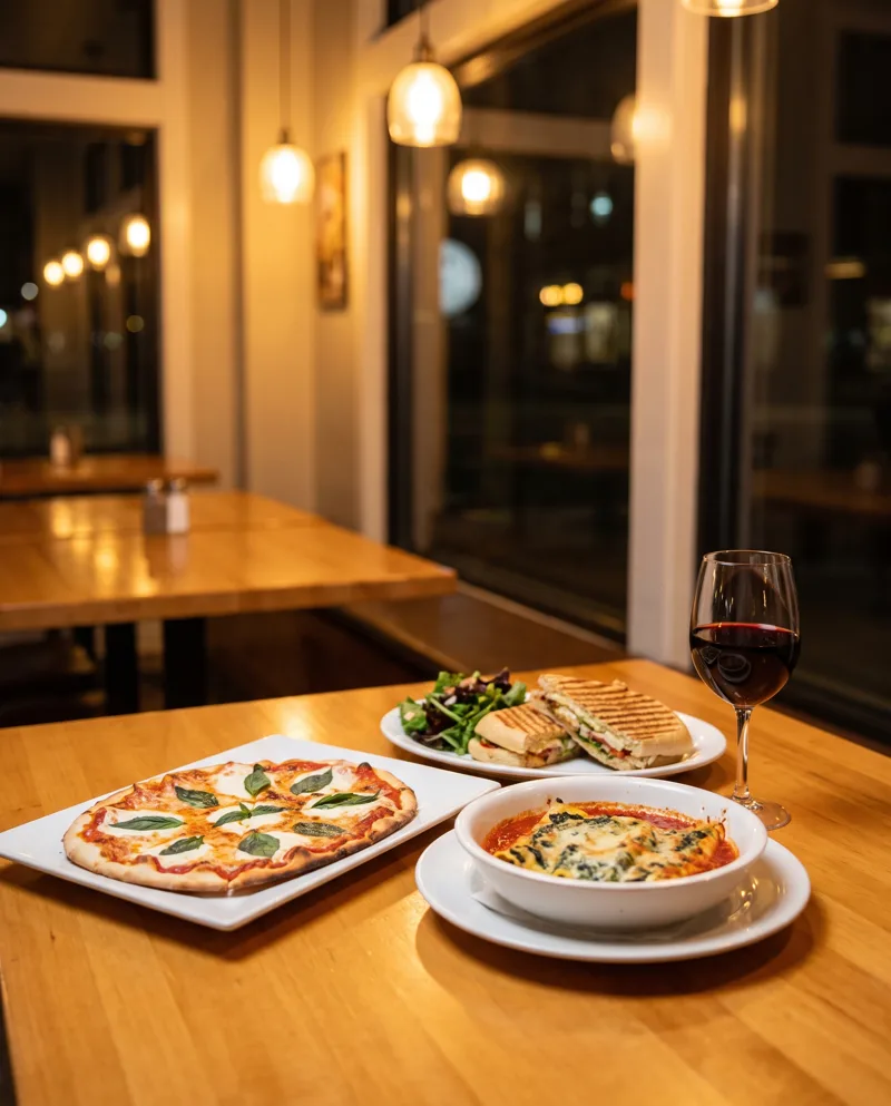Margherita flatbread, panini and manicotti with red wine at a downtown San Diego cafe Margherita flatbread, panini and manicotti with red wine at a downtown San Diego cafe
