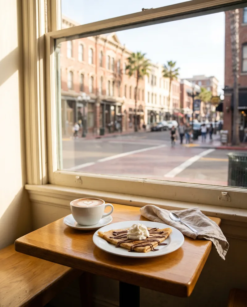 Window table with cappuccino and Nutella crepe at a Gaslamp Quarter cafe in San Diego Window table with cappuccino and Nutella crepe at a Gaslamp Quarter cafe in San Diego