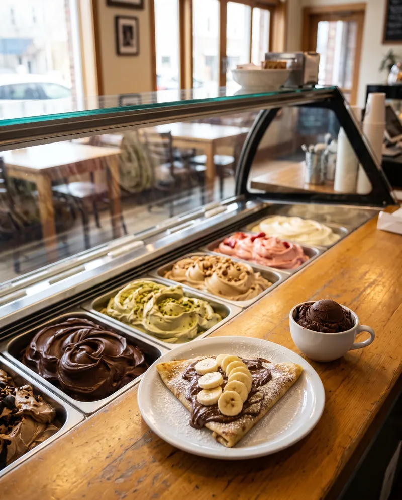 House-made gelato case and banana Nutella crepe at a San Diego dessert shop House-made gelato case and banana Nutella crepe at a San Diego dessert shop
